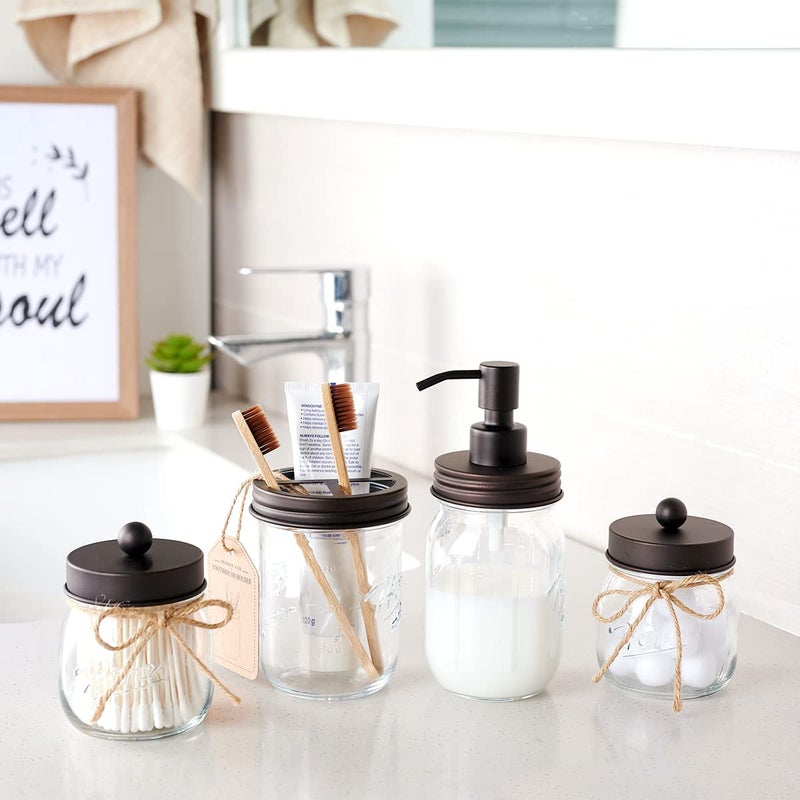 Amolliar Mason Jar Bathroom Vanity Organizer - Rustic Farmhouse Decor Bronze Bathroom Accessories -- Qtip Dispenser Holder Canister Glass for Q-tips,Cotton Swabs,Rounds,Ball,Flossers / Bronze,2-Pack - Image 4